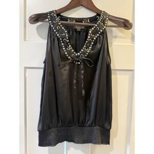 VTG Y2K XXI Black Satin Feel Top Lace & Sequin Tie Detail Top Medium Sleeveless